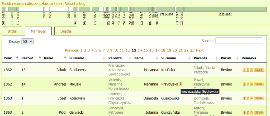 Screenshot of a genealogical database interface showing parish records collection for births, marriages, and deaths with names, surnames, and parental information.