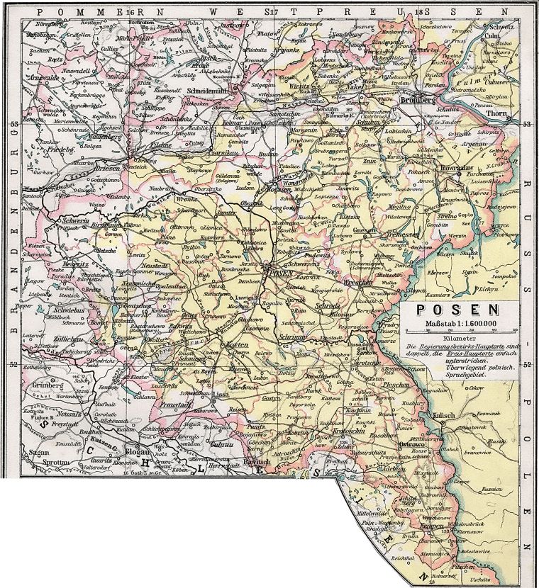 A historical map of the Posen region, displaying various towns and geographic features in Prussia, marked with names and boundaries.