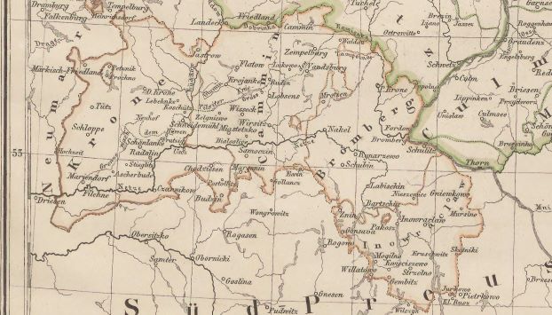 Historical map showing regions in northern Greater Poland and Kujawy, with various place names and borders outlined.