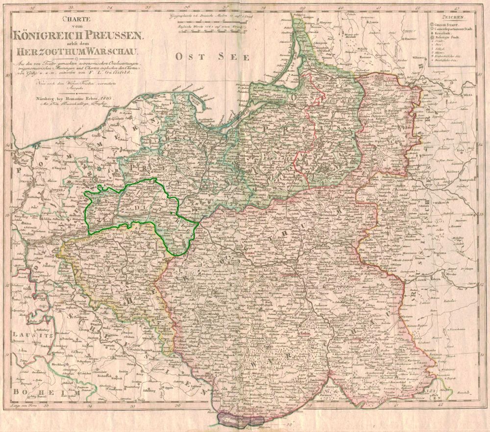 Historical map of the Kingdom of Prussia, showing border delineations with colored markings. Includes geographic and administrative details.