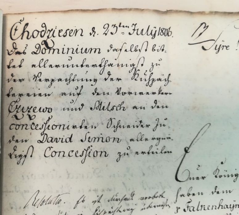 Historical document from February 23, 1806 with handwritten text in German concerning the concession in Chodzież