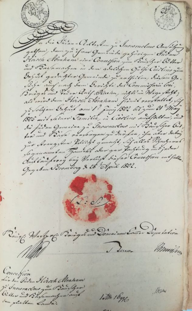 Historical document with handwritten text, seals and signatures, detailing legal issues related to Jewish families in the Netze district, dated to the late 18th century.