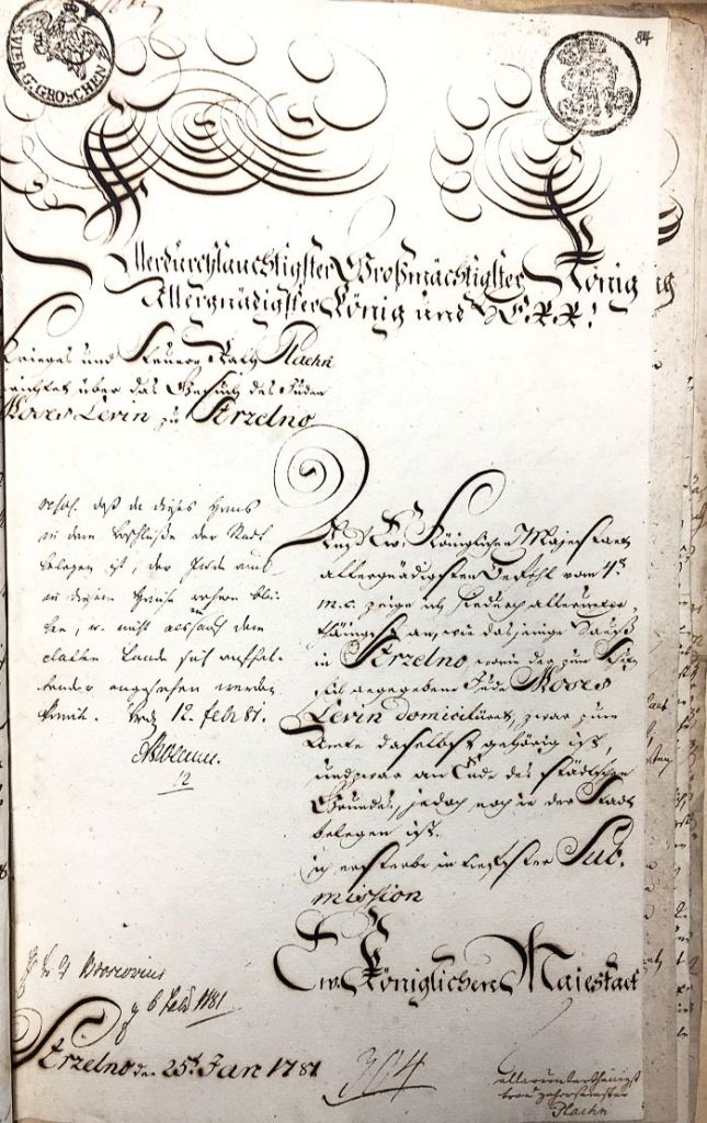 Historical document with elegant handwriting and decorative elements, including a seal, concerning the privilege of Jewish settlement in the town of Strzelno in the Netze district.
