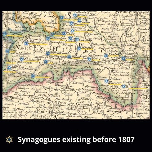 Map showing locations of synagogues existing before 1807 in the Noteć River Valley in Poland, marked with stars.