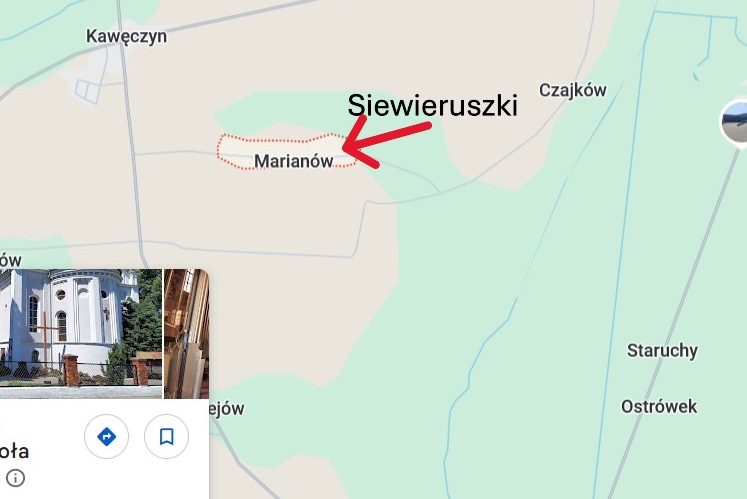 Map showing the location of Siewieruszki and Marianów in Poland.