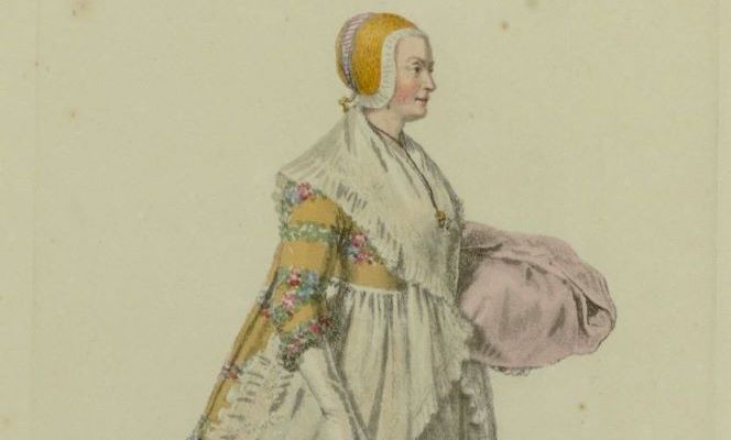 Illustration of a midwife in a traditional dress, labeled 'Dresdner Hebamme'.