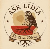 A stylized owl, symbolizing knowledge, sits atop a tree trunk with visible roots—a symbol of ancestors. In the background is the outline of Poland and the color red, an element of the Polish national colors.